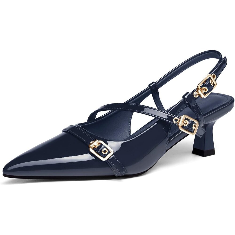 Women's Blue Slingback Kitten Heels Low Heel Closed Pointed Toe Pumps Buckle